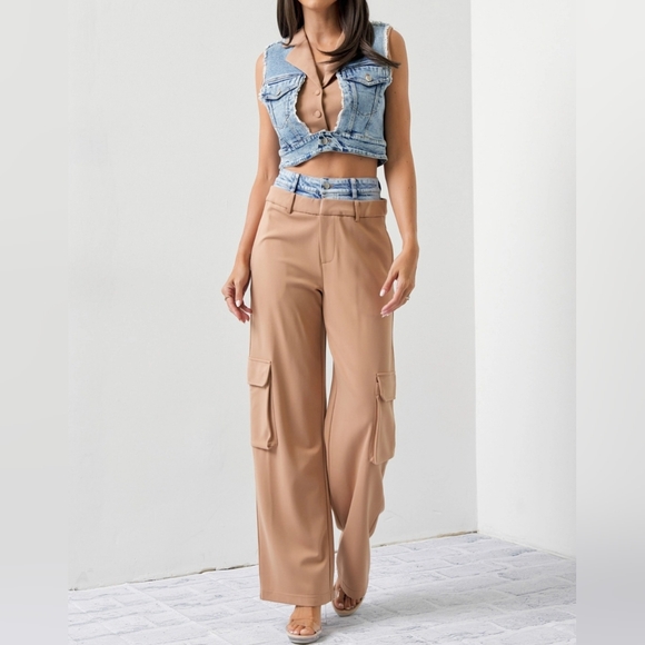 #512 SALE🛑125 S,L HIGH END Mixed Fabric Denim Vest and Cargo Pants Set - Picture 12 of 16